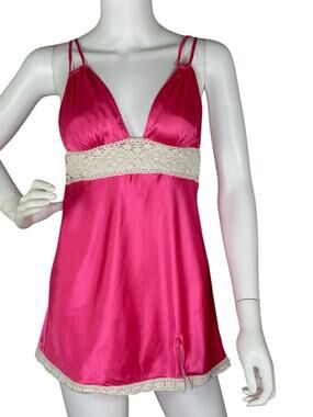 Y2K Victoria's Secret Babydoll Slip Dress Satin Crochet Coquette Hot Pink Size S